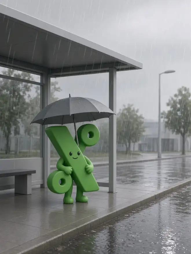 Illustration av ett grönt procenttecken med armar och ben som håller ett paraply