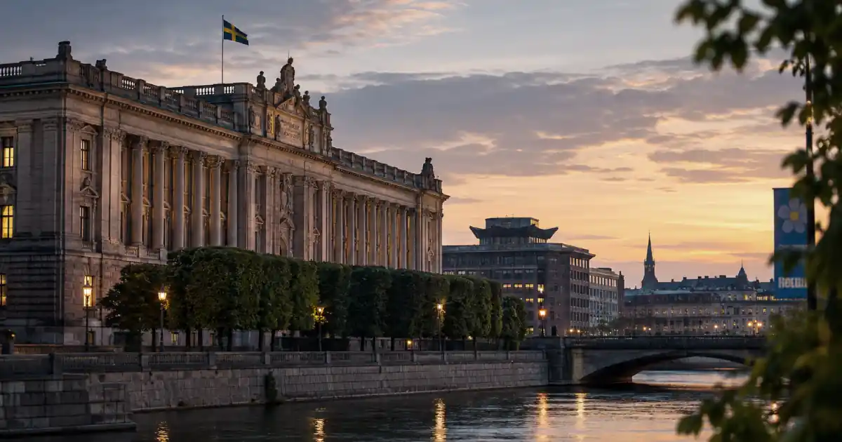 Riksdagshuset i Stockholm i gryningsljus, med svenska flaggan i topp